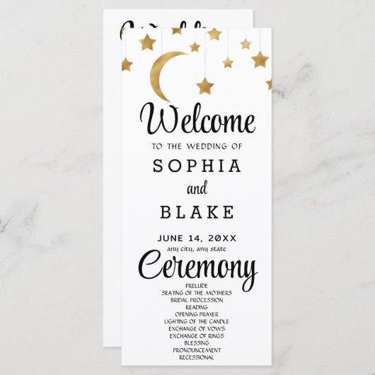 Gold Stars Crescent Moon White Wedding Programm (Vorne/Hinten)