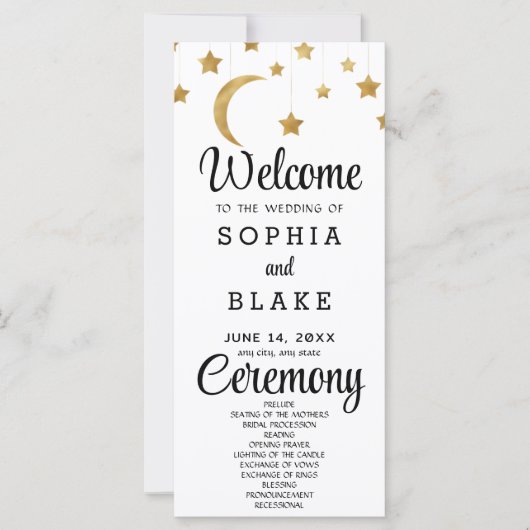 Gold Stars Crescent Moon White Wedding Programm (Vorderseite)