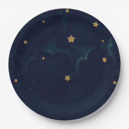Gold Stars Dark Blue Night Sky Baby Dusche Party Pappteller