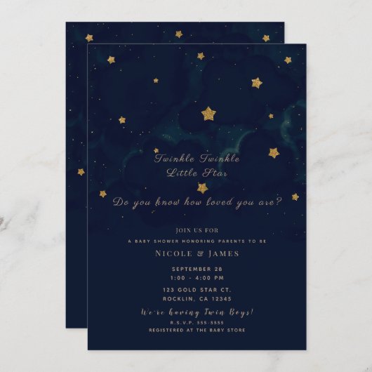 Gold Stars Dark Blue Night Sky Baby Duschtwins Einladung (Vorne/Hinten)