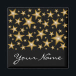 Gold Stars "Dein Name" Kühlschrankmagnet schwarz<br><div class="desc">Modernes Design mit "leuchtenden" goldenen und weißen Sternen auf schwarzem Hintergrund. Kühlschrankmagnet mit individualisierbarem Design für Sie, um Ihre eigene Hintergrundfarbe, Text, Bilder und Ideen zu personalisieren. Bitte beachten Sie, dass es sich um ein gedrucktes Bild handelt, das mit Originalfotos und Digitaltechnik erstellt wurde, es nicht glänzt oder echte Glitzern...</div>