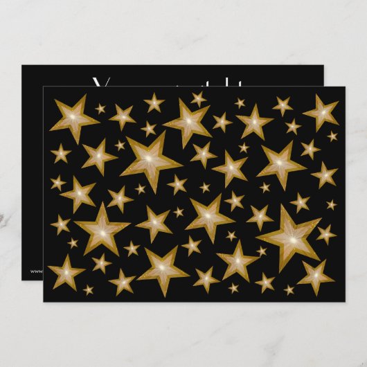 Gold Stars Einladung schwarz (Vorne/Hinten)