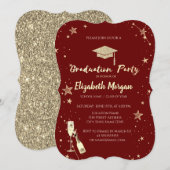Gold Stars Glitzer Grad Cap Red Einladung (Vorne/Hinten)