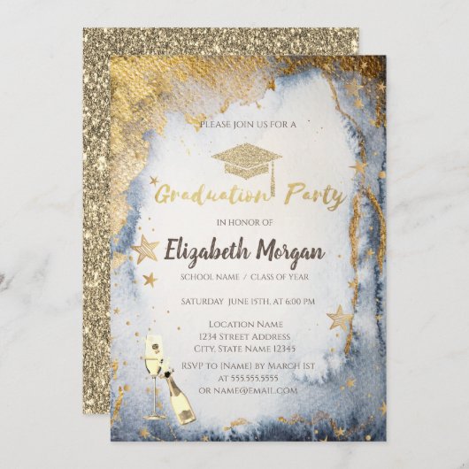 Gold Stars Glitzer Grad Cap Wasserfarbe Einladung (Vorne/Hinten)