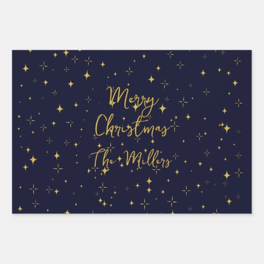 Gold Stars & Glitzern Personalisierte Dunkle Blau Geschenkpapier Set (Vorderseite)
