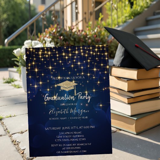Gold Stars Graduation Cap Navy Blue Abschluss Einladung