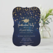 Gold Stars Graduation Cap Navy Blue Abschluss Einladung (Stehend Vorderseite)