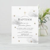 Gold Stars & Graue Wolken Gender-Neutrale Taufe Einladung (Stehend Vorderseite)