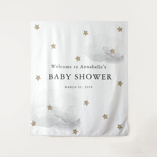 Gold Stars & Gray Clouds Baby Shower Tapestes Wandteppich (Vorderseite)