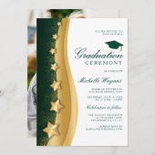 Gold Stars Grüner Abschluss Zeremonie und Party Einladung (Vorne/Hinten)