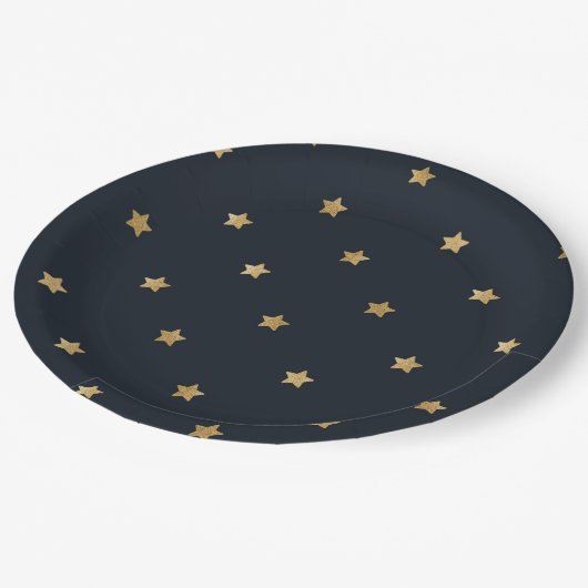 Gold Stars in Mitternachtschwarz Pappteller (Schrägansicht)