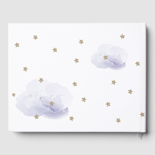 Gold Stars & Lavender Clouds Baby Dusche Gästebuch (Rückseite)