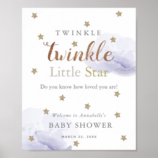Gold Stars & Lavender Clouds Baby Dusche Willkomme Poster (Vorne)