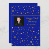 Gold Stars mit Message Foto auf Blue Birthday Einladung (Vorne/Hinten)
