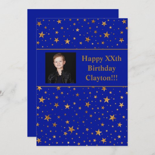 Gold Stars mit Message Foto auf Blue Birthday Einladung (Vorne/Hinten)