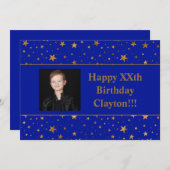 Gold Stars mit Message Foto auf Blue Birthday Einladung (Vorne/Hinten)