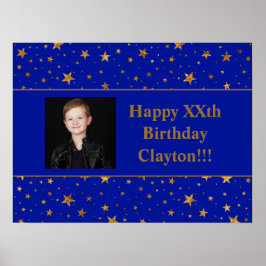 Gold Stars mit Message Foto auf Blue Birthday Poster