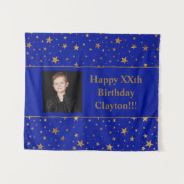 Gold Stars mit Message Foto auf Blue Birthday Wandteppich