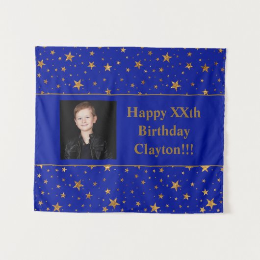 Gold Stars mit Message Foto auf Blue Birthday Wandteppich (Vorderseite (Horizontal))