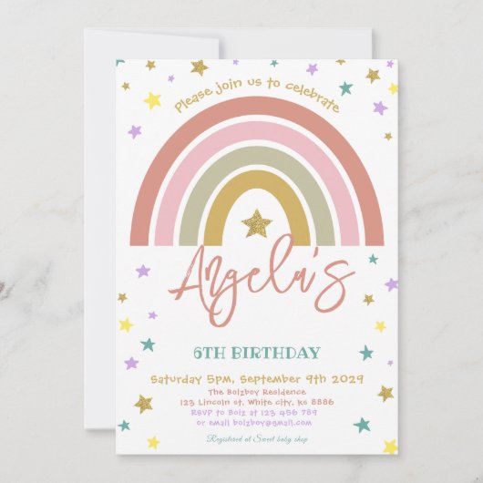 Gold Stars Modern Boho Rainbow Birthday Party Einladung (Vorderseite)