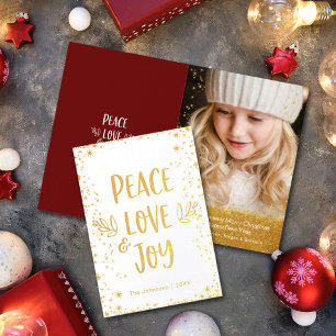 Gold Stars Modern Peace Love Joy Quote Photo Real Folienkarte