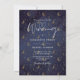Gold Stars Mond Himmel QR-Code Hochzeit Einladung