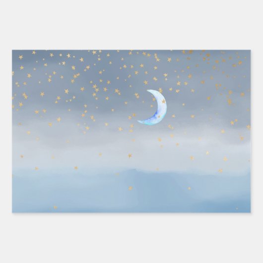 Gold Stars Moon Blue Ombre Geschenkpapier Set (Vorderseite)