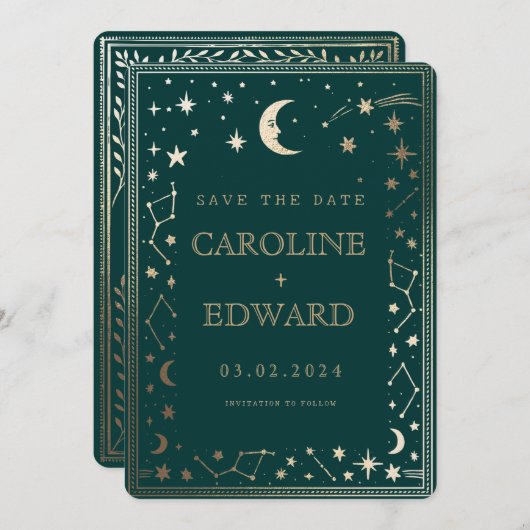 Gold Stars Moon Celestial Qr Code Save the Date (Vorne/Hinten)