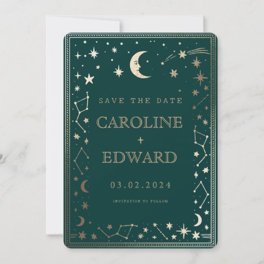 Gold Stars Moon Celestial Qr Code Save the Date (Vorderseite)