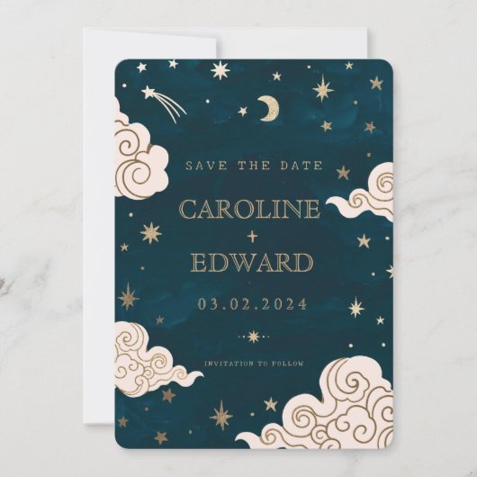 Gold Stars Moon Celestial Qr Code Save the Date (Vorderseite)