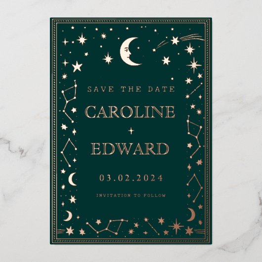 Gold Stars Moon Celestial Save the Date Folieneinladung (Vorderseite)