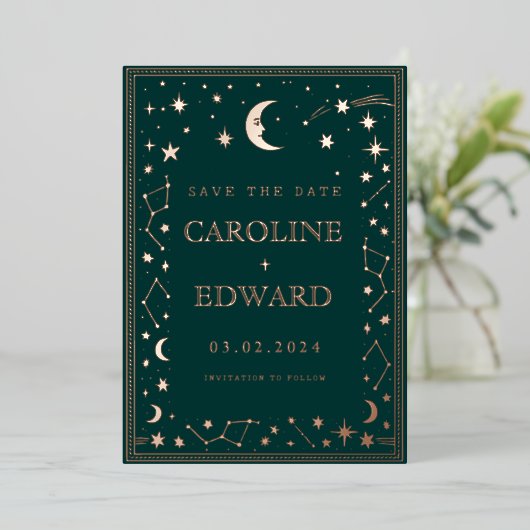 Gold Stars Moon Celestial Save the Date Folieneinladung (Stehend vorne)