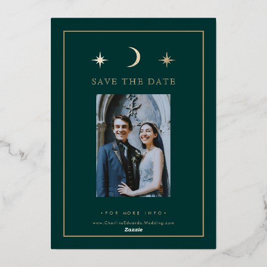 Gold Stars Moon Celestial Save the Date Folieneinladung (Rückseite)