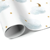 Gold Stars, Moon & Fluffy Clouds Wrapping Paper Geschenkpapier (Rolleneckpunkt)