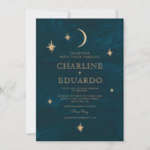 Gold Stars Moon Indigo Celestial Foto Hochzeit Einladung (Vorderseite)