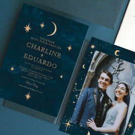 Gold Stars Moon Indigo Celestial Foto Hochzeit Einladung