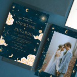 Gold Stars Moon Indigo Celestial Foto Hochzeit Einladung<br><div class="desc">Gold Stars Moon Indigo Celestial Foto Hochzeit</div>