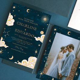 Gold Stars Moon Indigo Celestial Foto Hochzeit Einladung