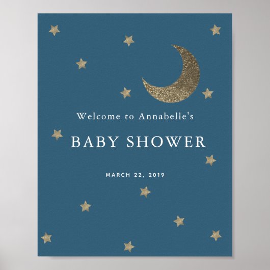 Gold Stars & Moon Navy Baby Dusche Begrüßungszeich Poster (Vorne)