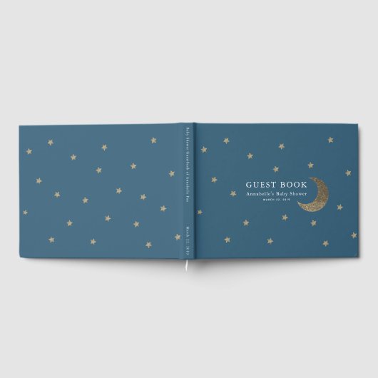 Gold Stars & Moon Navy Blue Baby Shooting Guest Bo Gästebuch (Voll)
