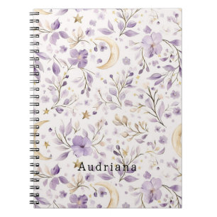Gold Stars Moon Purple Blumen Notizblock