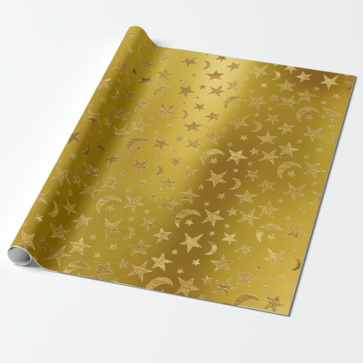 Gold Stars Moon Sky Metallic Mustard Yellow Geschenkpapier (Ungerollt)