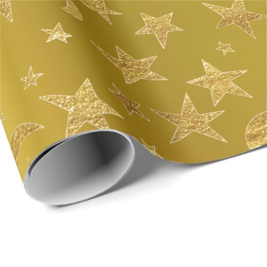Gold Stars Moon Sky Metallic Mustard Yellow Geschenkpapier (Rolleneckpunkt)
