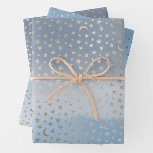 Gold Stars Moons Blue Ombre Geschenkpapier Set (Beispiel)