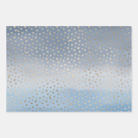 Gold Stars Moons Blue Ombre Geschenkpapier Set (Vorderseite)