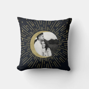 Gold Stars Night Celestist Sunburst Moon Foto Kissen
