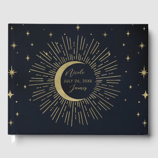Gold Stars Night Celestist Sunburst Moon Gästebuch (Vorderseite)