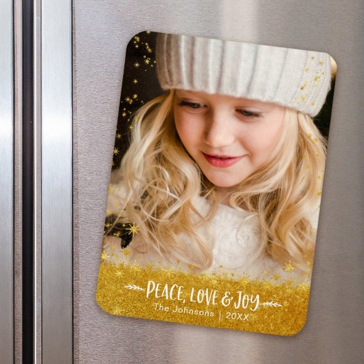 Gold Stars "Peace Love Joy" Custom Holiday Foto Magnet