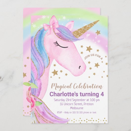 Gold Stars Rainbow Unicorn Einladung zum Geburtsta (Vorne/Hinten)