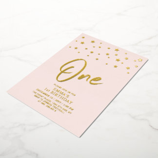Gold Stars | Rosa Eins 1. Geburtstags-Party Folieneinladung